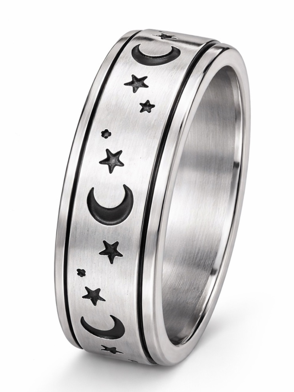 Moon Star Fidget Spinner Ring Stainless Steel Anxiety Band Silver